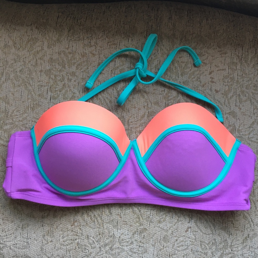 Neon pink purple and aqua structured bikini top
